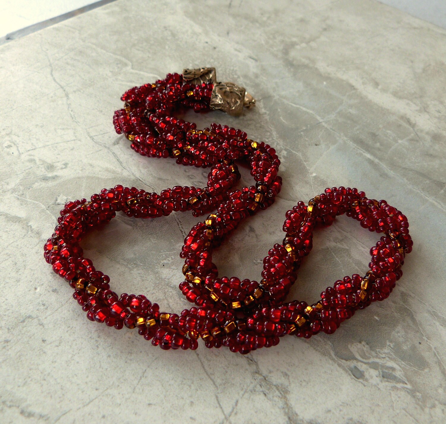 Long Red Spiral Beaded Rope Necklace w Czech Silver Lined