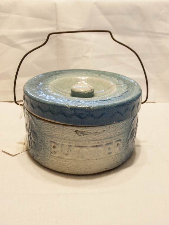 Antique Butter Crock Blue and White Butter Crock by bettysantiques