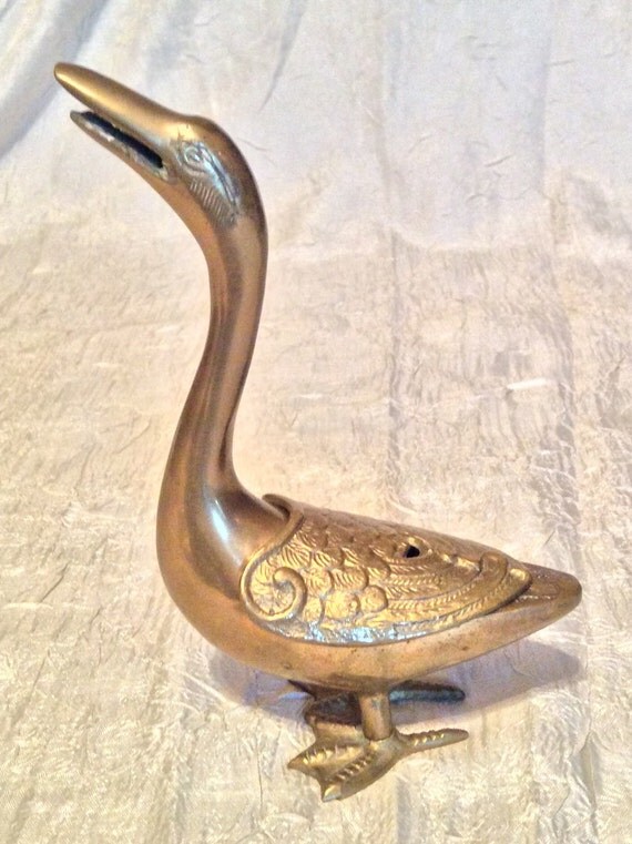 Vintage Solid Brass Goose Treasure or Trinket Holder Box with