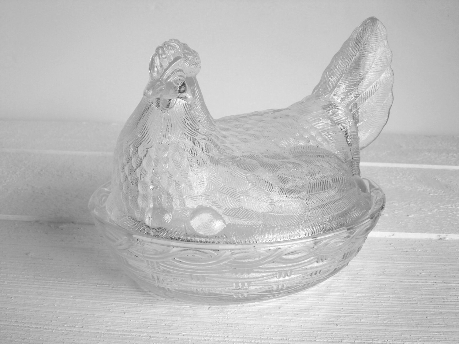 Vintage Large Clear Glass Chicken Nesting Hen On A Basket
