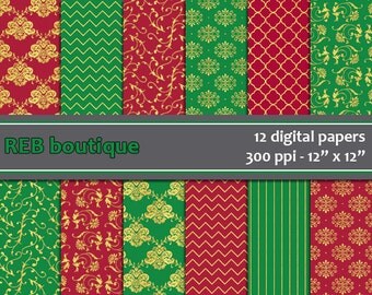 Damask Digital Christmas Paper - Damask, red, green, burgundy, gold, foil, chevron, stripes, quatrefoil, vines, paper pack, scrapbooking 129