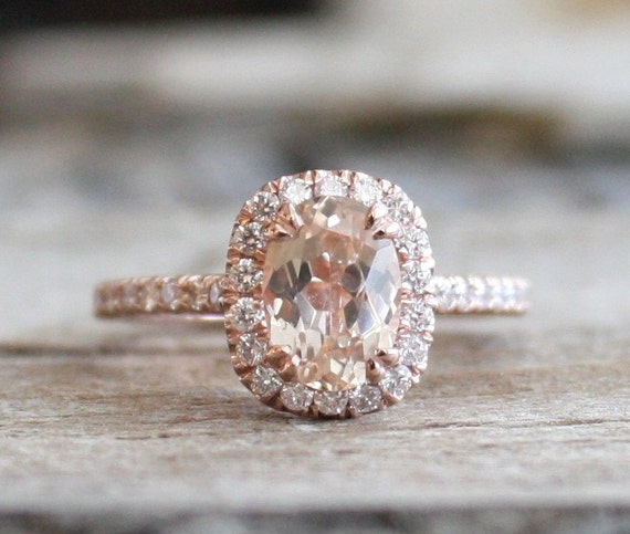 Oval Champagne Peach Sapphire Diamond Halo Ring in by Studio1040