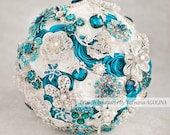 Brooch bouquet. Teal and White wedding brooch bouquet, Jeweled Bouquet. Made upon request