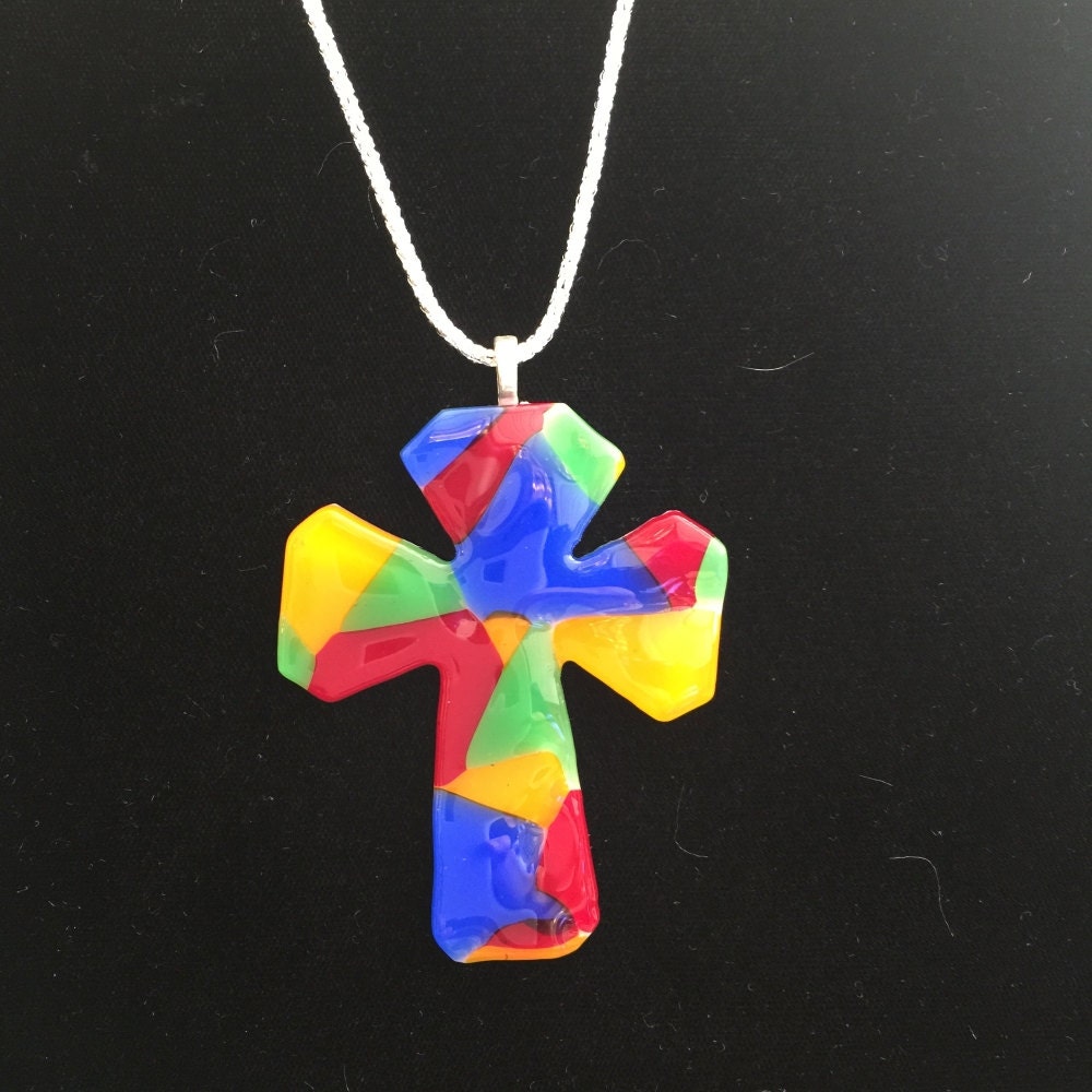 Large 3 TRES DIAS Fused Glass Cross Pendant orange blue