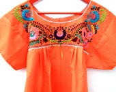 Embroidered peasant blouse Women' s mexican top Ladies orange blouse with flowers, sequins and ribbon Boho-chic Hippie M/L