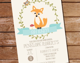 Fox Baby Shower Invitation in Teal Blue - Teal Baby Shower - Instant Download and Editable File - Personalize at home with Adobe Reader