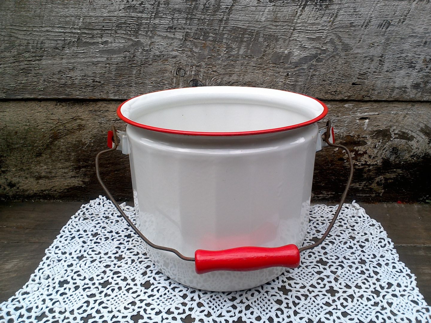 White Enamel Bucket with Red Trim and Wooden Handle Enamel