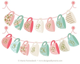 Tea Party Happy Birthday Banner Printable Decoration: Shabby Chic Tea Cup Design in Pink & Turqoise