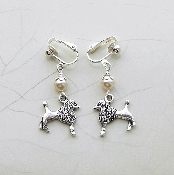 Items similar to Silver Poodle Clip On Earrings, Poodle Dangle Earrings