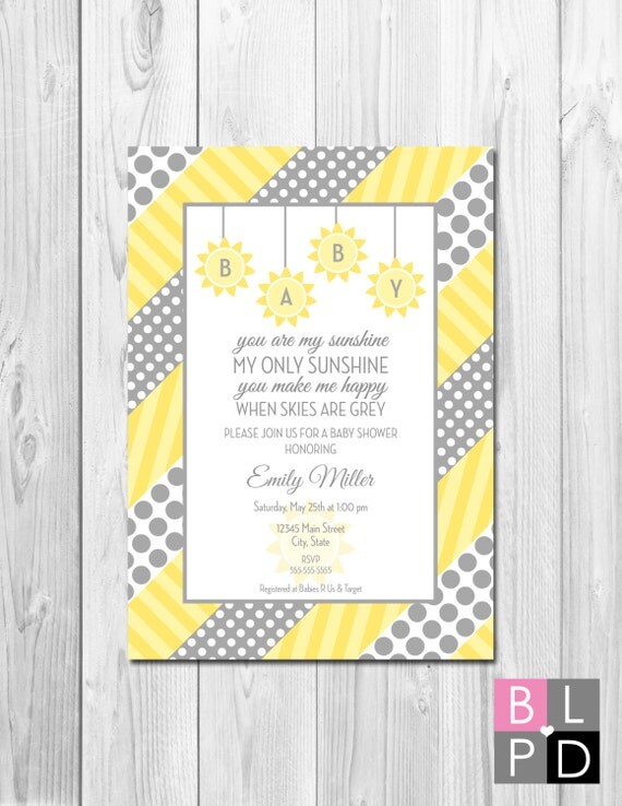 You Are My Sunshine Baby Shower Invitation - Grey and Yellow Polka Dots and Stripes - DIY - Printable Il_570xn