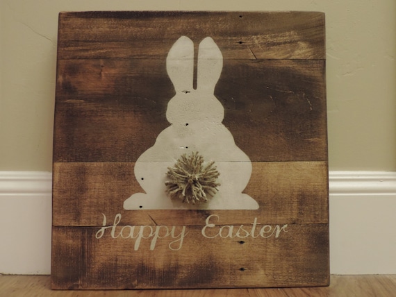 Happy Easter Wood Pallet Sign with Bushy Tail Stained Painted