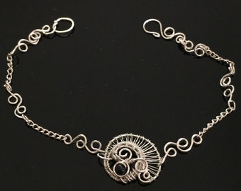 Wire Wrapped Jewelry Handmade, Fine Silver Jewelry, Blue Goldstone Bracelet, Woven Wire Bracelet