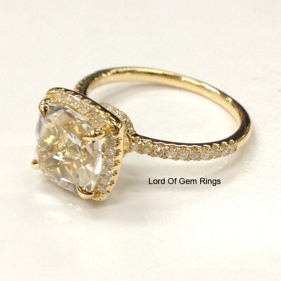 White Topaz Diamond 18K Yellow Gold Engagement Ring,8mm Cushion Cut 2 ...