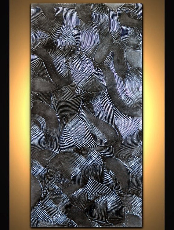 Modern metallic silver impasto painting textured by