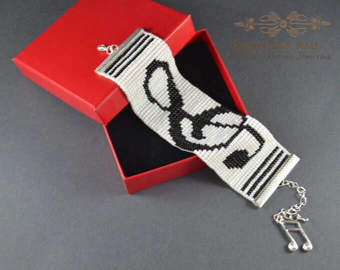Treble Clef Pattern Jewelry Bracelet Beadwork Beadweaving bracelet woven on a loom gift for her black white colors womens men girls gift