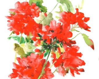Red Geranium Painting, 12 X 9 in, original watercolor red green min imalist floral wall art