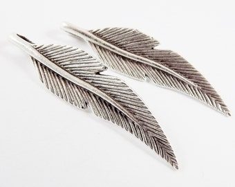 2 Feather Pendants - Matte Antique Silver Plated
