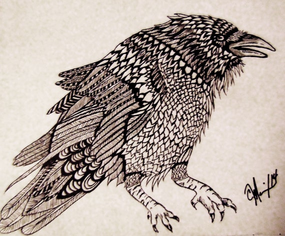 Raven Ink Drawing by EarthSpiritandStars on Etsy