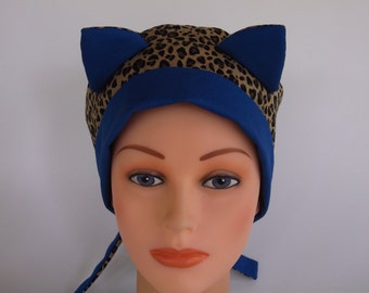 Royal Blue Cat Ears - Womens surgical scrub cap, chemo hat, Bakers hat, Nurse scrub hat, 10/F+900 B