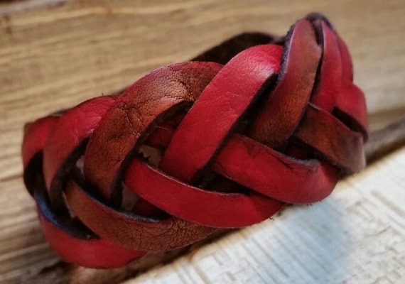 Handmade Genuine Leather Mystery Braid 5 Strand Cuff - Brown and Red - Gunmetal Snaps and Rustic / Boho Look