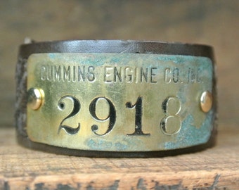 Leather Tooled Bracelet, Brass Tag, Cummins Engine CO INC #2918, Dark ...