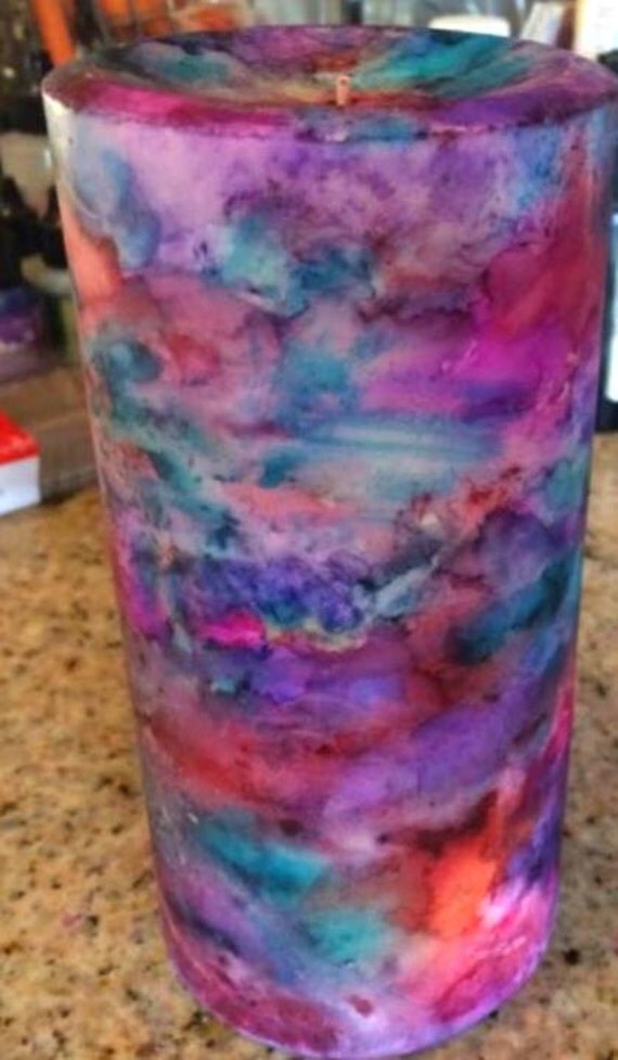 Hand painted TIE DYE Round Palm wax pillar candle by ActsofWax