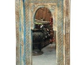 Antique Indian Architectural Wooden Blue Patina Arched Jharokha Rustic Carved Mirror Decor