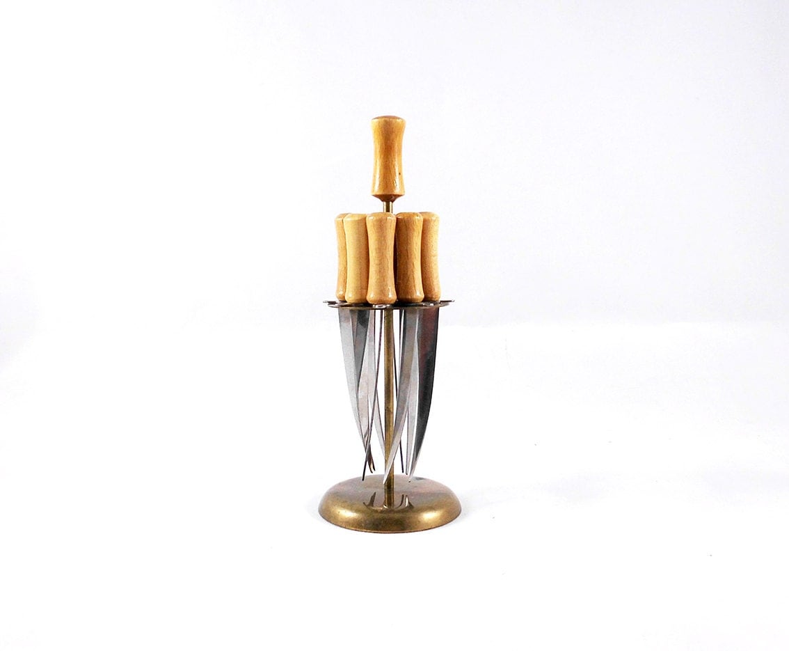 Vintage Mid Century Modern Brass Cocktail Fork Holder and 8 Forks