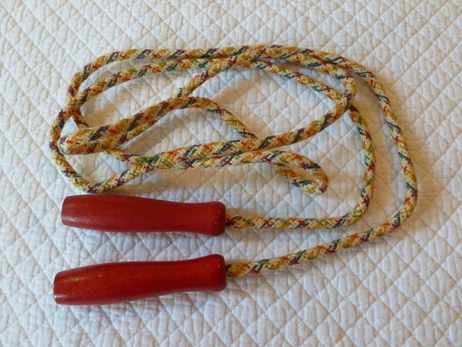 Vintage Jump Rope with Red Wooden Handles Woven Cotton Rope
