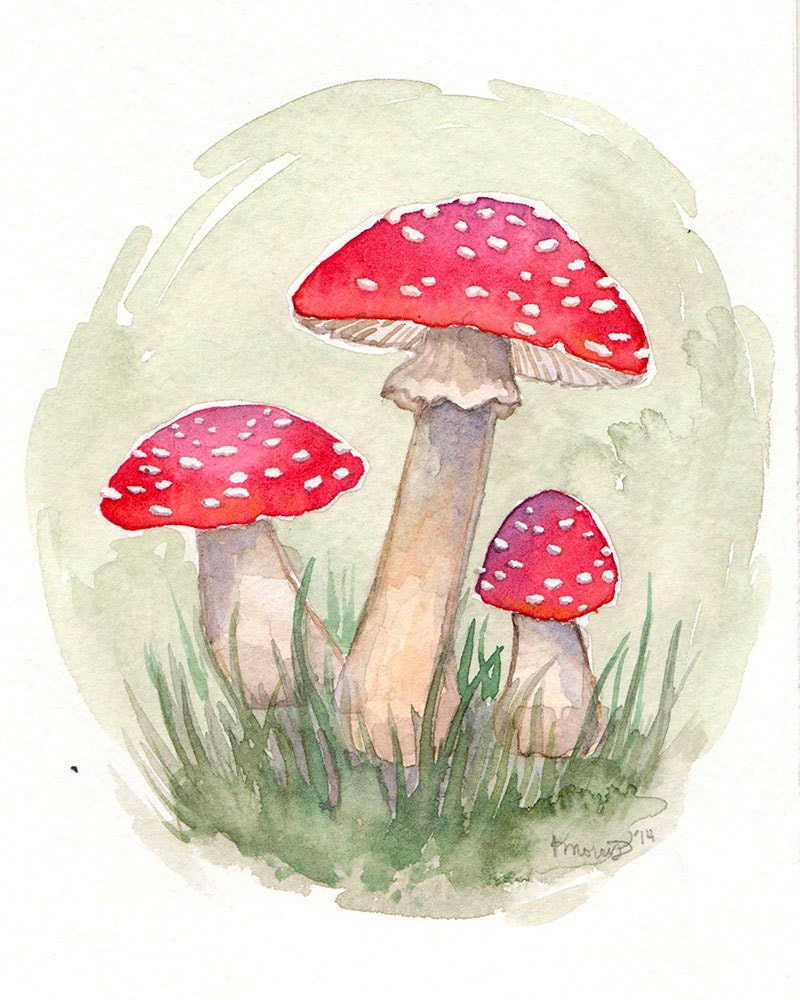 Red Mushroom Watercolor Print Forest Nature Whimsical