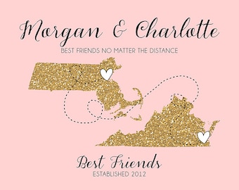 Best Friend Long Distance Print, Gift Friend Glitter Custom Maps, Mom, Sister, Daughter, Best Friend Moving Gift, Farewell, Blush Gold | WF7