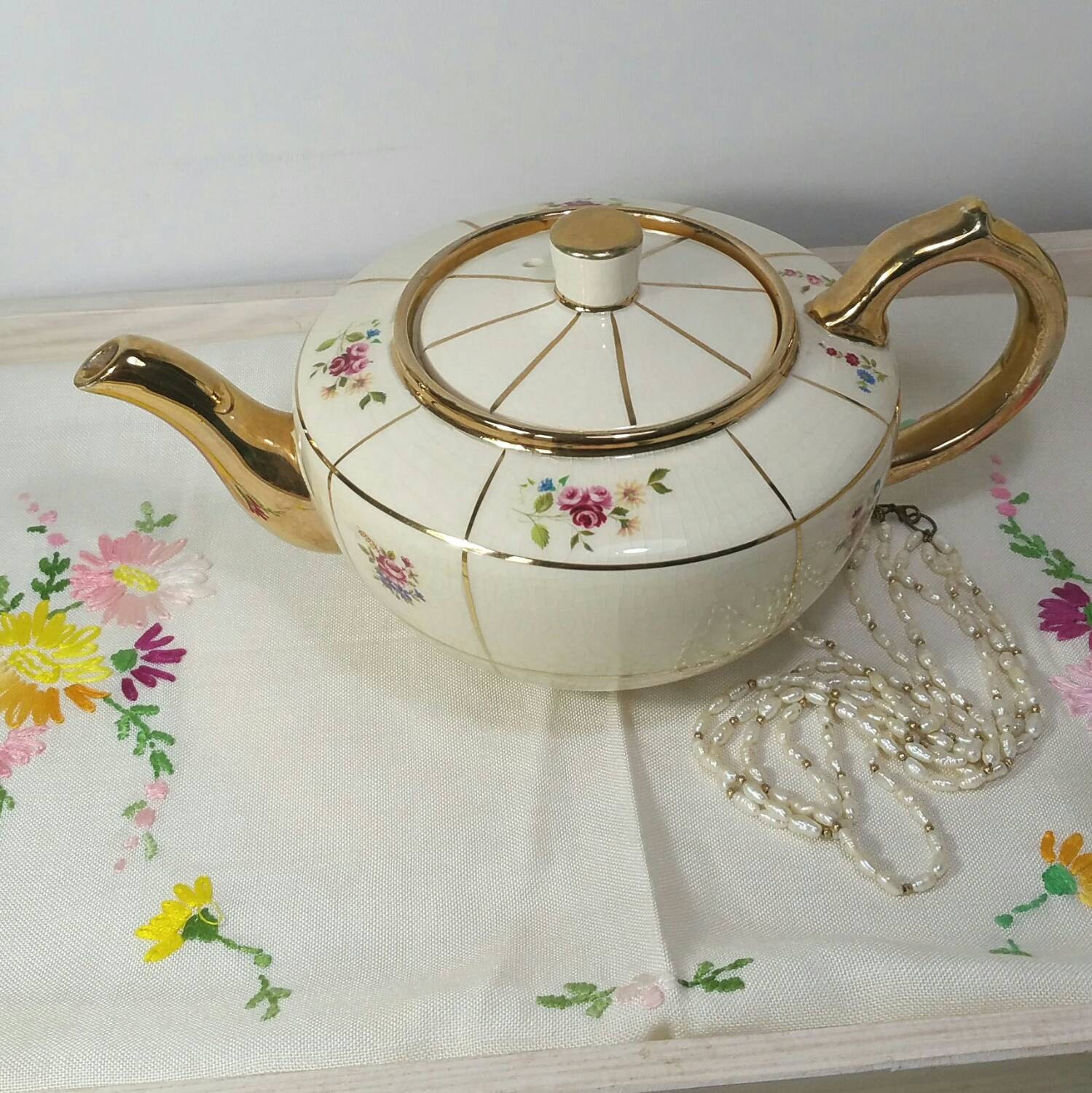 Vintage Teapot in cream and gold made with by VerasTreasures