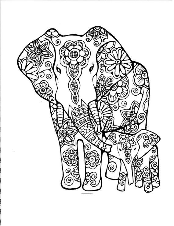 Adult Coloring Page:Original Hand Drawn Art in Black and White, Instant Digital Download Image of an Elephant Mother and Baby