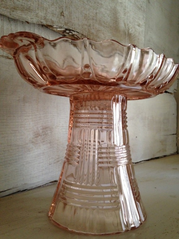 Pink Depression Glass basket weave pattern Vase AND oval