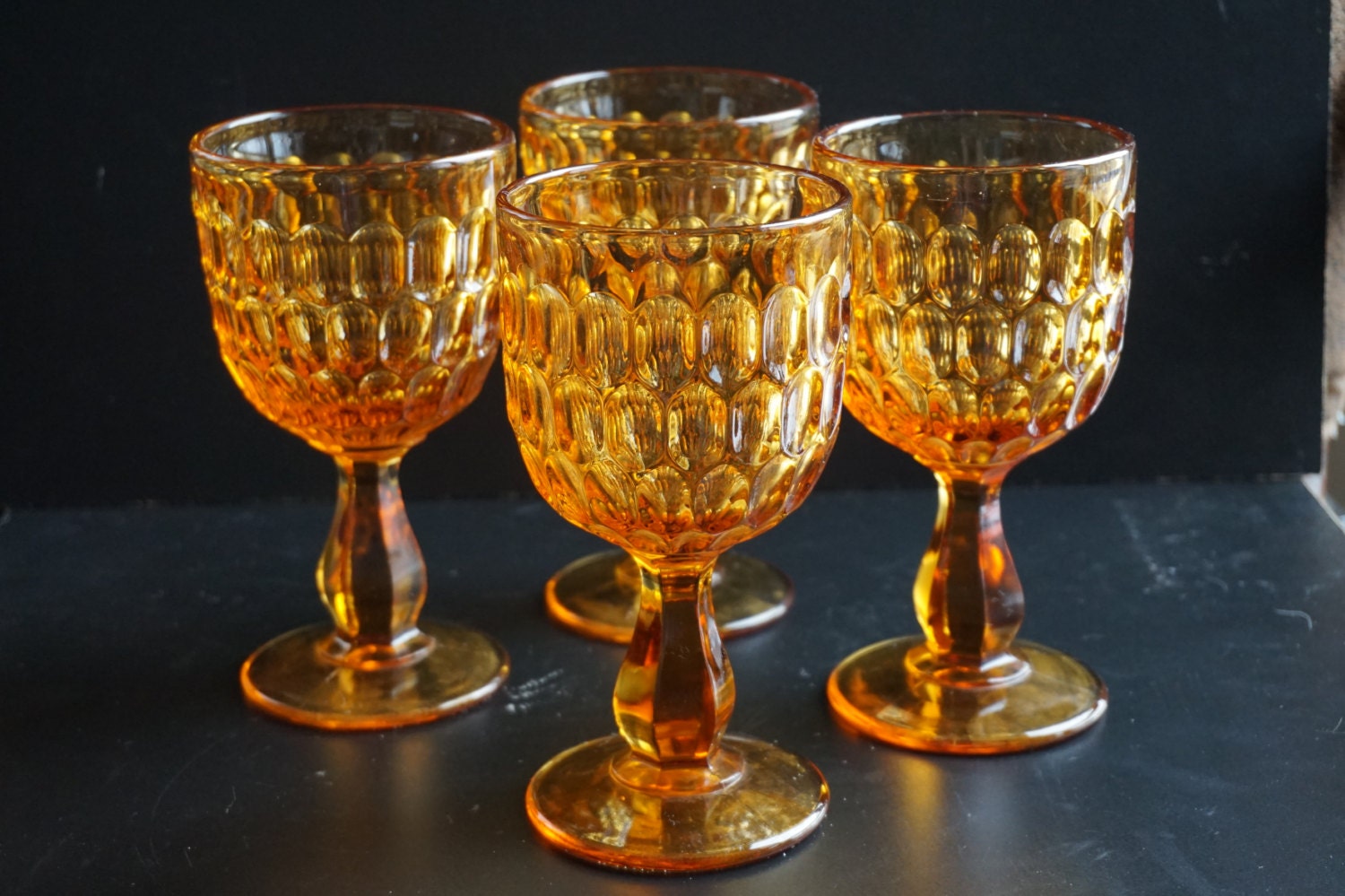 Vintage Set Of Four Large Amber Goblets