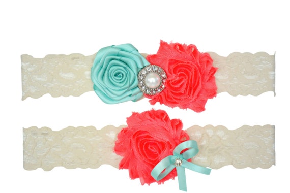 Aqua Blue Coral Ivory White Lace Bridal Garter by ContessaGarters