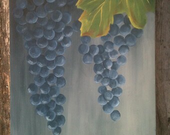Blue Graps and Leaves Hand-Painted on a Wooden Cutting Board, Wine and Grapes Decor, Gourmet Kitchen Art, Decorative Cutting Board