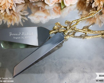 Personalized Wedding Gold Leaf Cake Knife and Server Set - (2pc) Custom Engraved Rustic Gold Cake Knife and Server Cake Cutter Wedding Gift