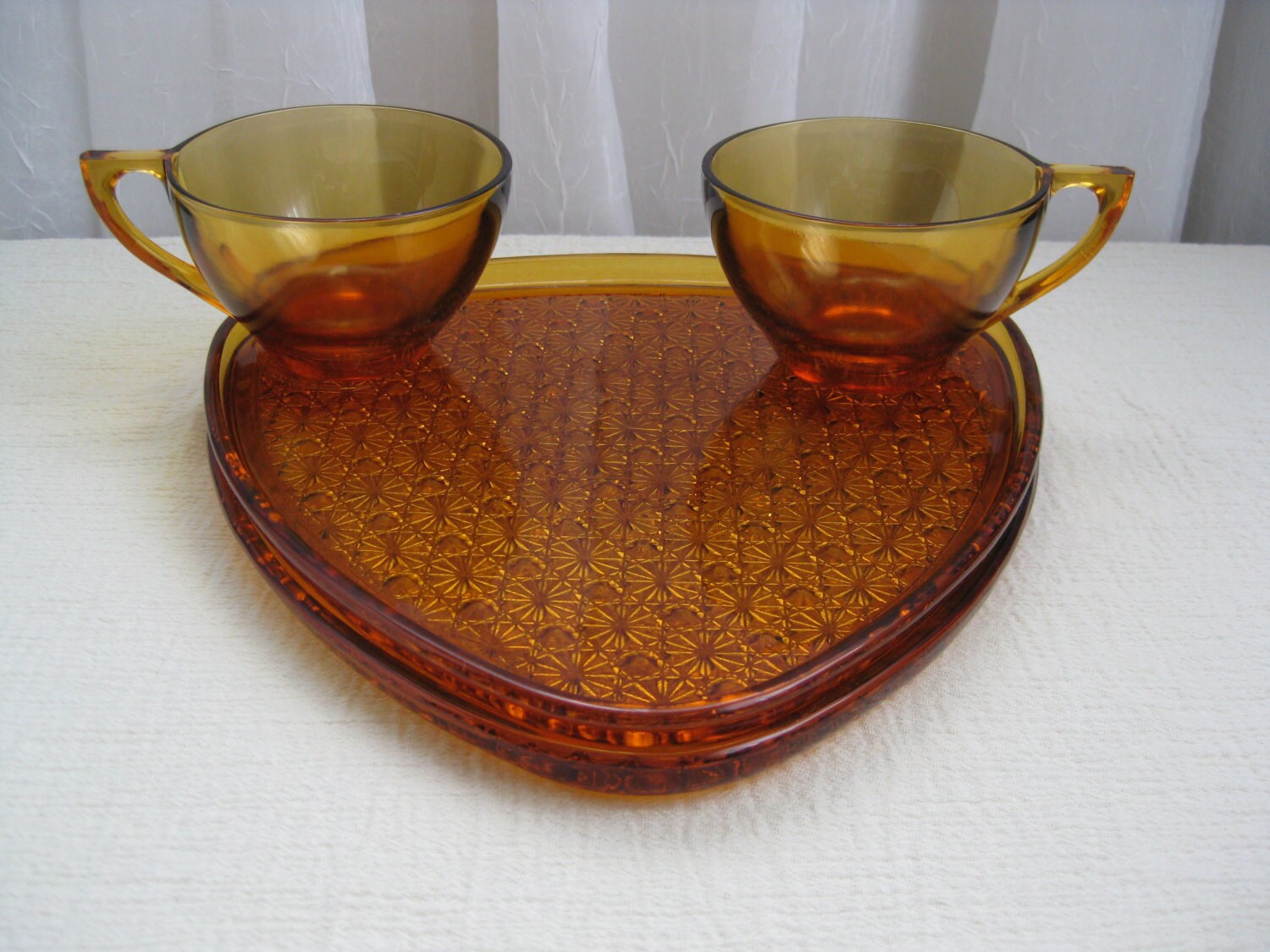 Set of Two Vintage Daisy and Button Amber Glass Snack Plates with Cups
