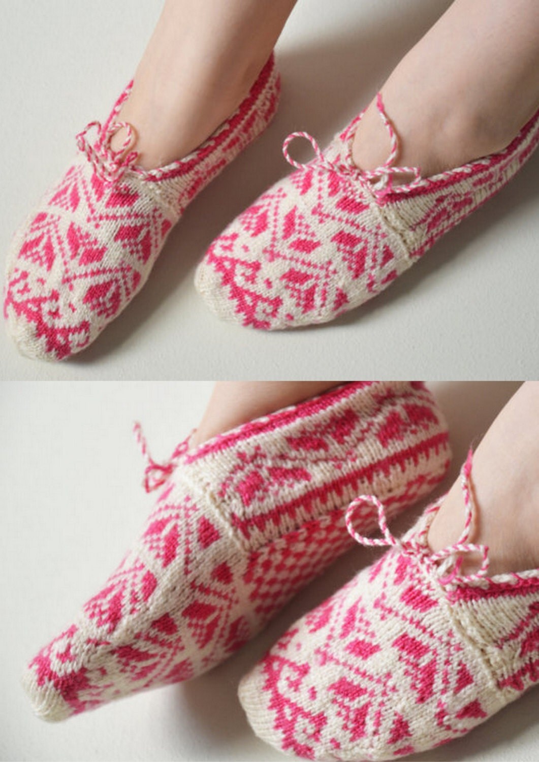 hand knitted wool slippers traditional pink ivory slippers