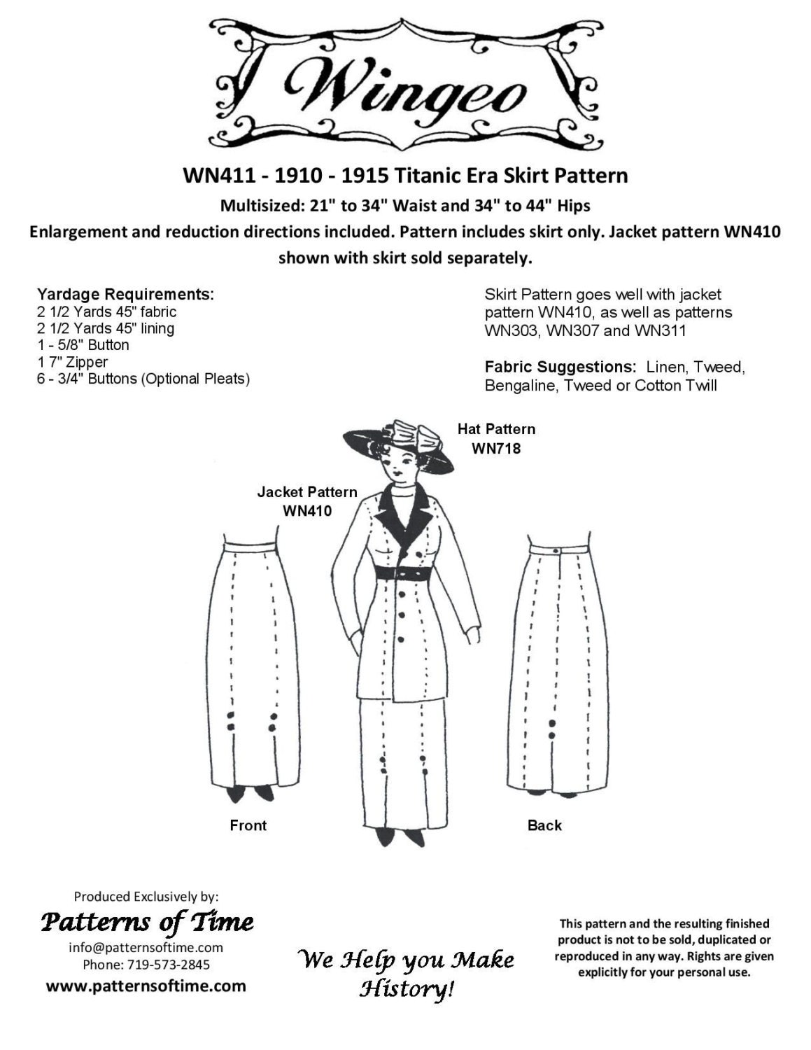 WN411 1910 1915 Skirt Sewing Pattern by Wingeo