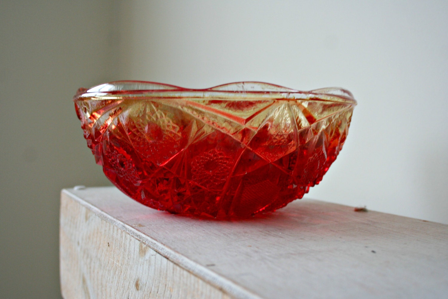 Amberina Glass Dish Red Yellow Ombre Bowl by MyOliviaVintage