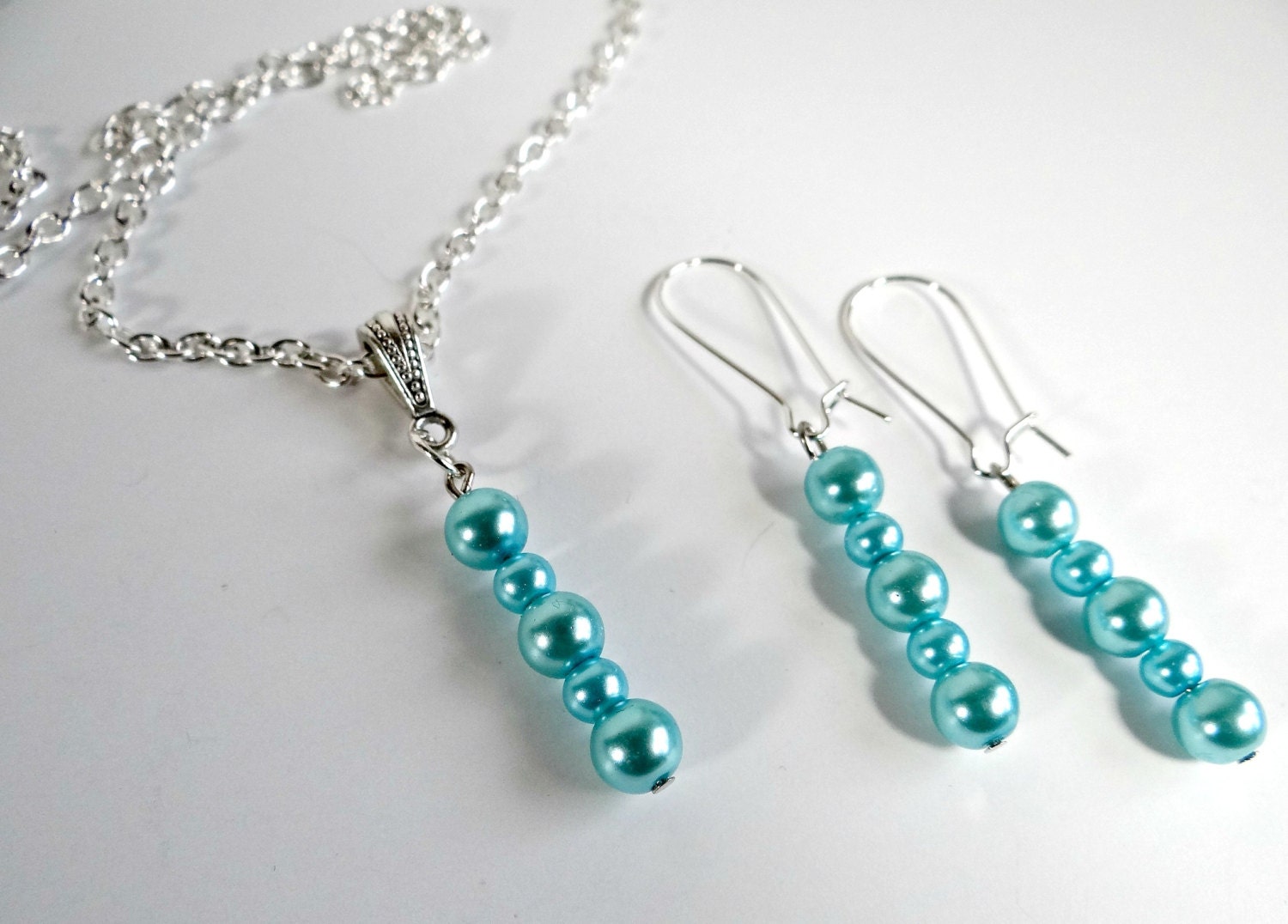 Handmade Blue Pearl Necklace/Matching Earrings Set Jewelry