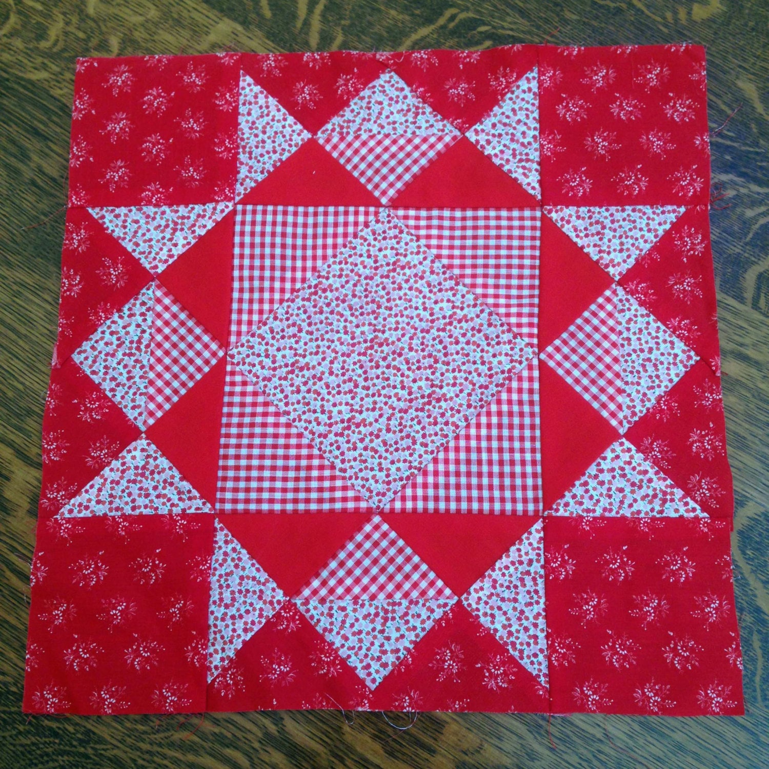 Vintage Pieced 16 inch Quilt Block Red & White Fabrics One