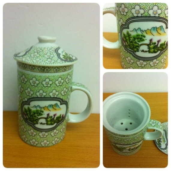 Vintage Travel Ceramic Tea Cup Mug with Lid and Strainer