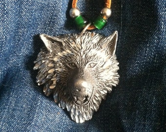Large Pewter Wolf Necklace on Deerskin Lace