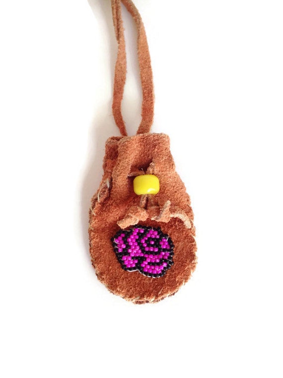Small Leather Medicine Bag Necklace with Pink Seed Bead Rose