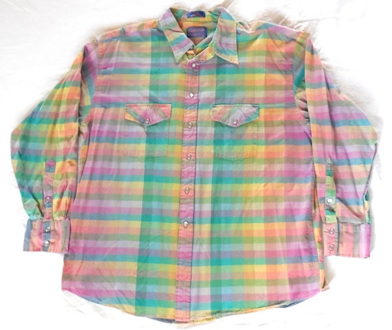 PENDLETON 90s Colorful Pastel Plaid Long Sleeve Pearl Snap