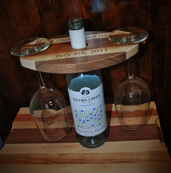 Wine Bottle tray & Wine glass holder holds two wine glasses