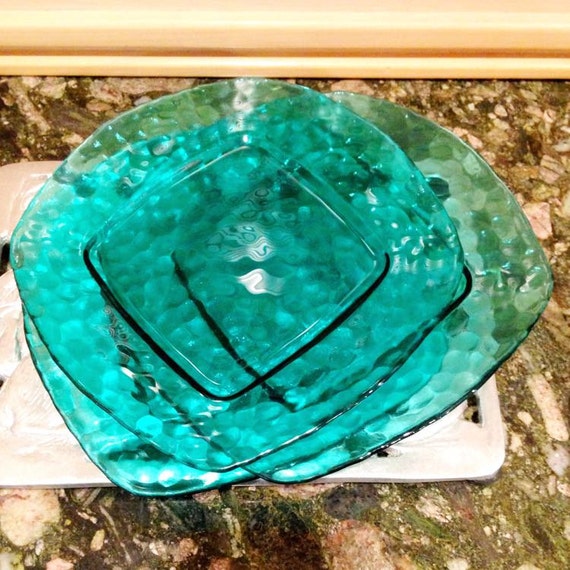 Lot of Vintage Set of 3 Aqua Blue Beveled Glass Salad Plates